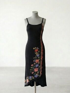 O'Neill Black Midi Slip Dress with Multicolor Floral Embroidery